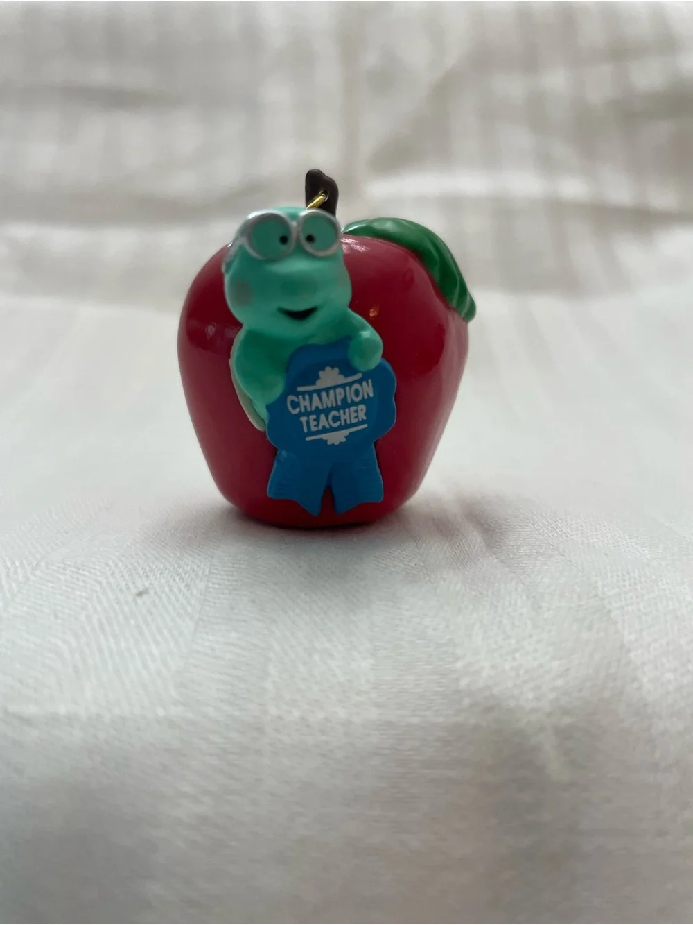 Teacher Hallmark Keepsake Apple Ornament with Green Frog and Blue Ribbon